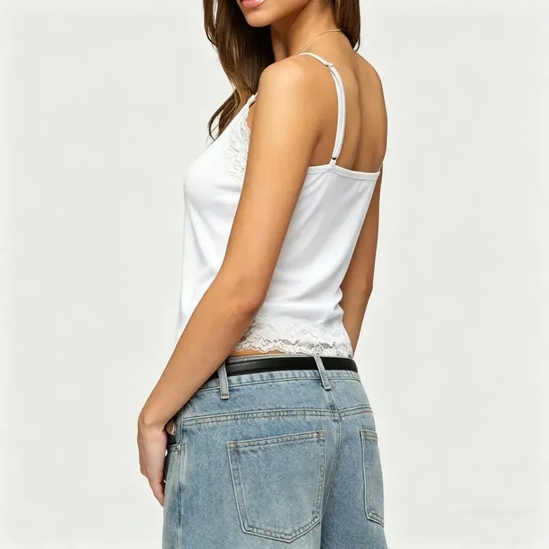 Lace Tank Top for Women V Neck Floral Lacy Trim Crop Cami Teen Girls Y2K Slim Fit Spaghetti Strap Going Out Tops