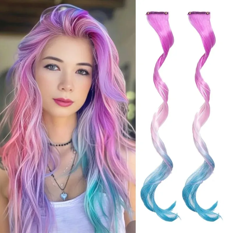 2pcs 16 Inch Colorful Hair Extensions Synthetic Ombre Wavy Clip in Hair Extensions Lightweight Hairpieces for Women Party Wear