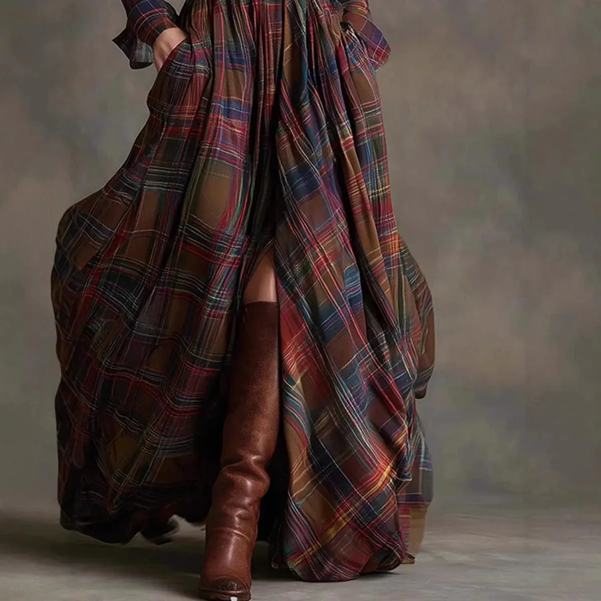 European American Women's Shirt Maxi Dress Autumn Casual Long Sleeve Button Pocket Plaid Print Lapel Retro Long Dress Vestidos