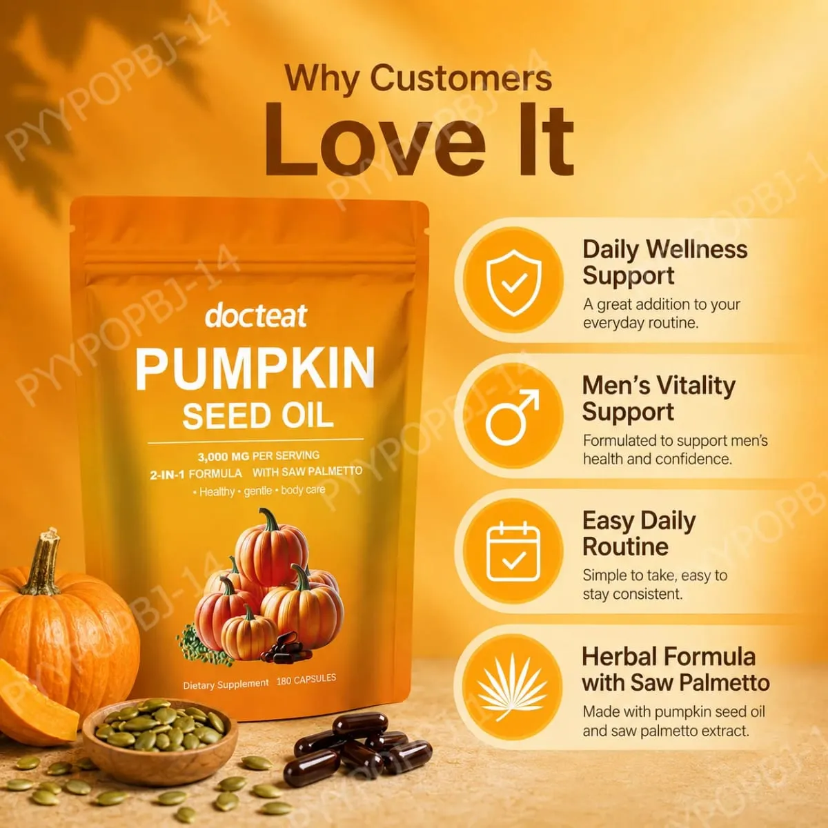 Docteat Pumpkin Seed Oil with Saw Palmetto Capsules 2-in-1 Formula for Prostate and Bladder Function Support 180 Capsules