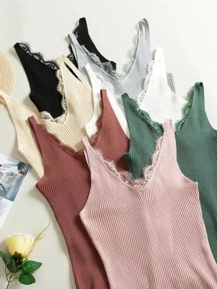 2026 Summer Casual Tops Solid Stitching V-neck Camis Women Hook Flower Lace Tank Female Knitted Short Slim Sleeveless Shirt