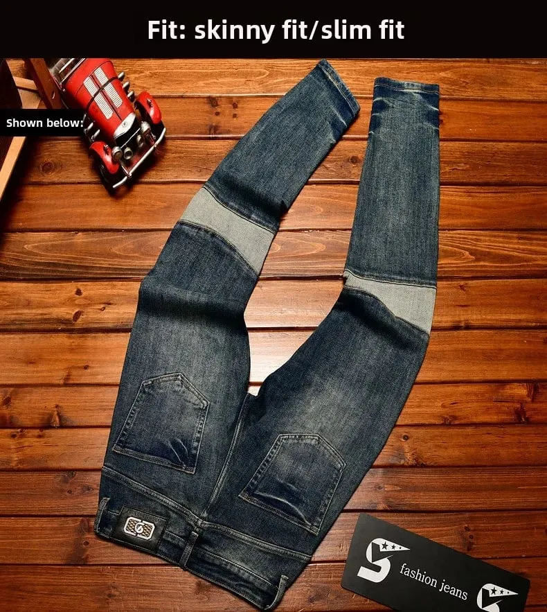 Fashionable high-end jeans for men slim fit small feet washed retro patchwork design trendy and luxurious men's pants