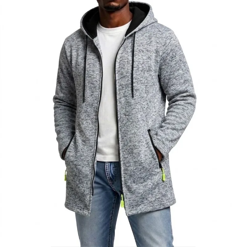 New Men's Zip Up Hoodie Casual Mid-Length Sweatshirts Fleece Jacket Warm Winter Hooded Trench Coat Outerwear with Zipper Pockets