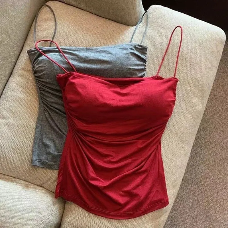 New-Sexy Solid Pleated Tank Camisole Women's Summer Spaghetti Strap Sleeveless Tops