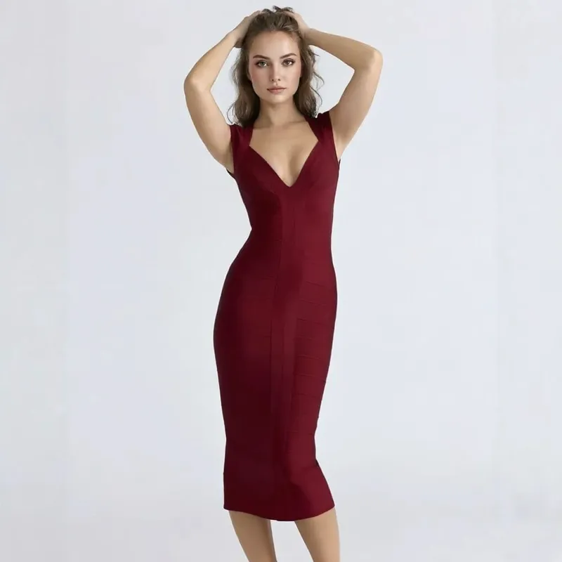 Luxury Sexy Plunge V Bandage Long Dress Women Striped Bodyocn Party Celebrity Evening Dress Elastic Knitted Vestidos