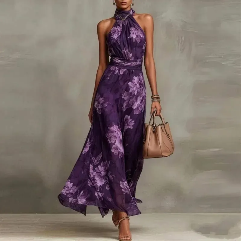 Elegant Halter Off Shoulder Hollow Party Woman Retro Floral Print Chiffon Long Vintage Boho Sleeveless Summer Beach Dresses