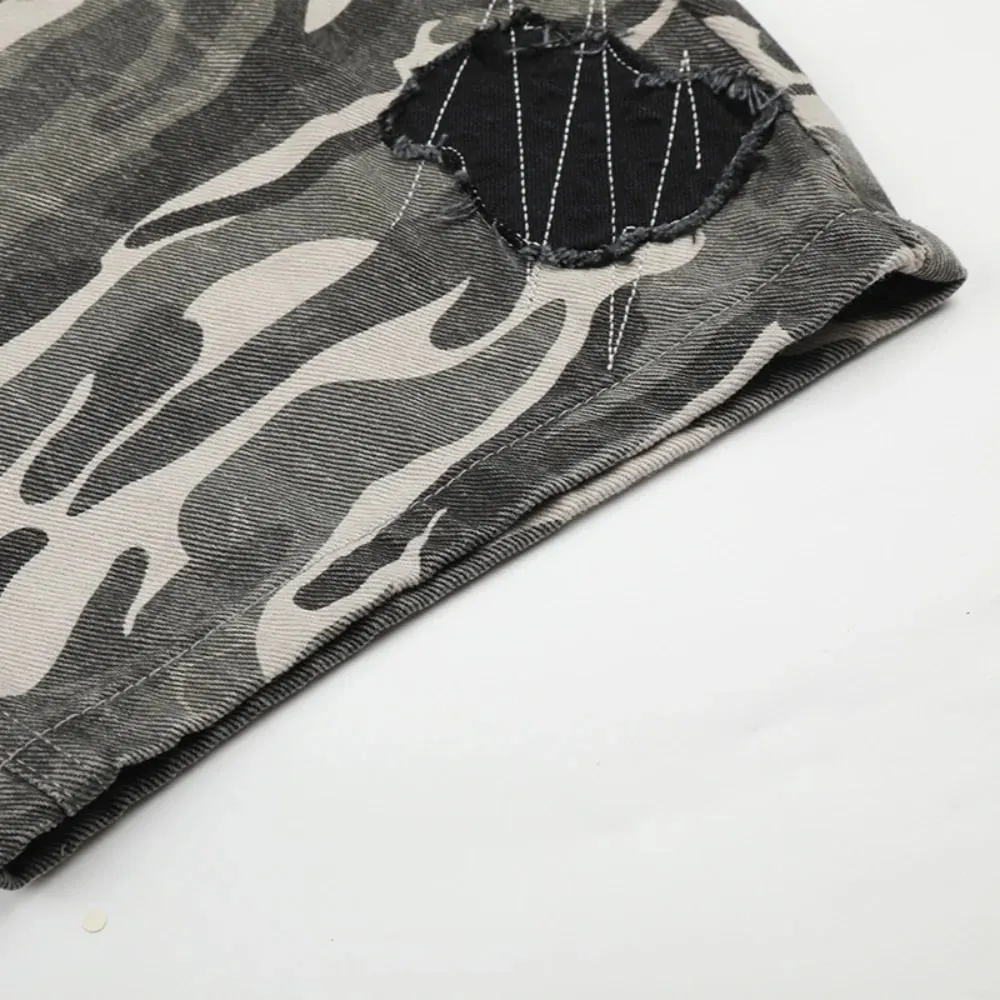 2026 American High Street Vibe Camouflage Jeans Men's Wide-Leg Bottom Spliced Patch Embroidery Loose Fit Trousers 17522