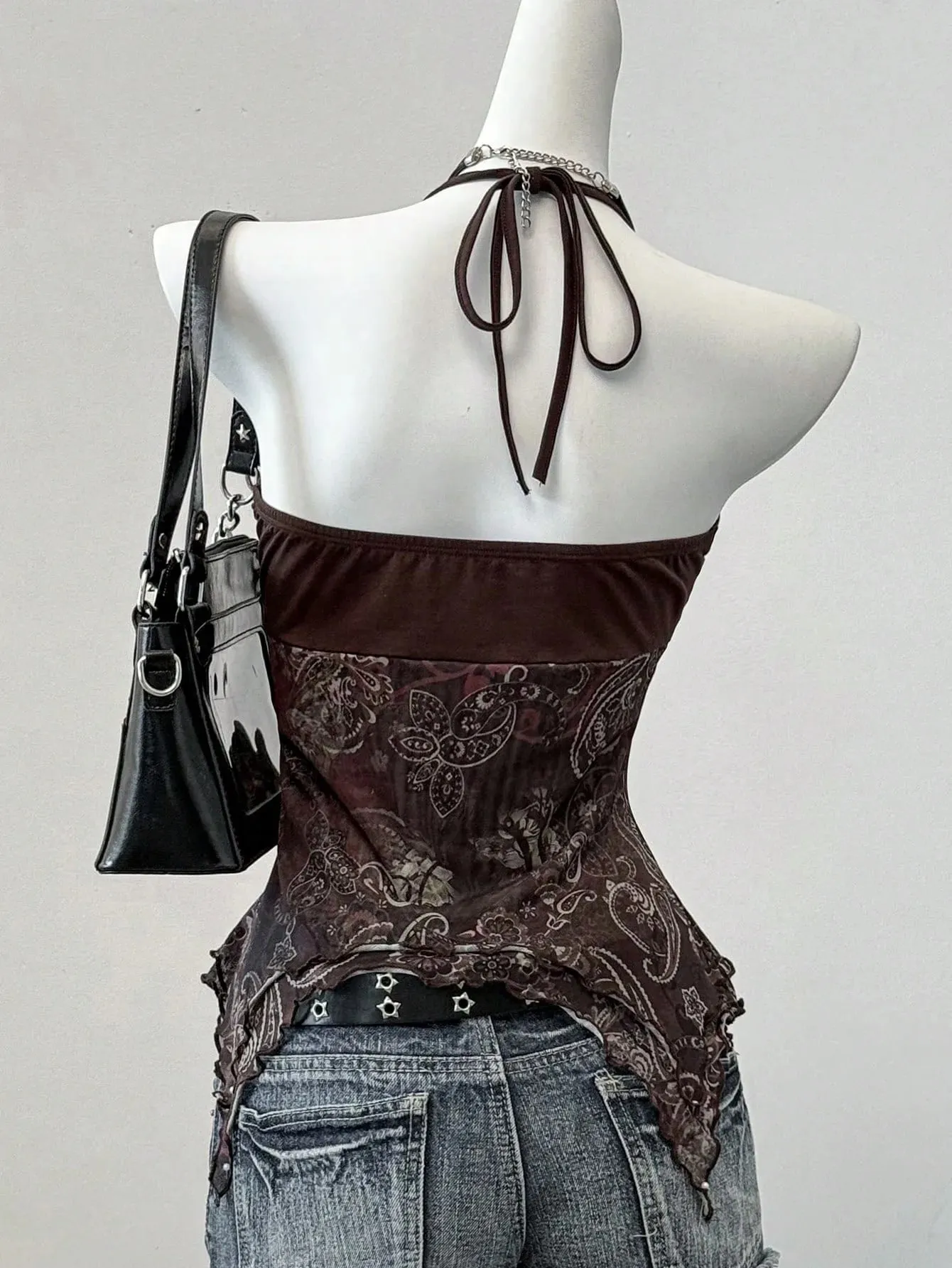 Sexy Spicy Girl Sleeveless Halter Tops Women's Printed Mesh Splice Slim Fit Backless Camisole Summer Fashion Elegant Crop Top