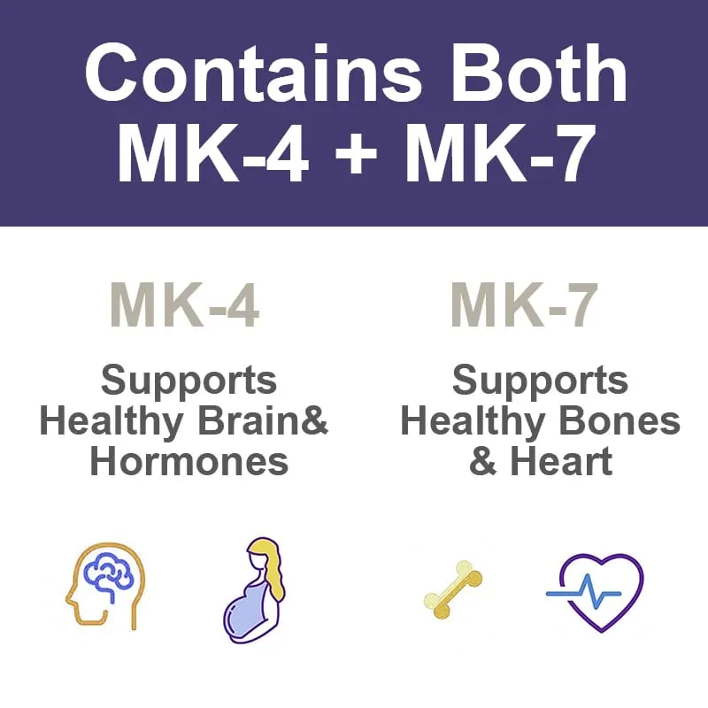 Vitamin K2 (MK7 & MK4) with D3 Supplement- Support Strong Bones & Healthy Brain Cardiovascular Health