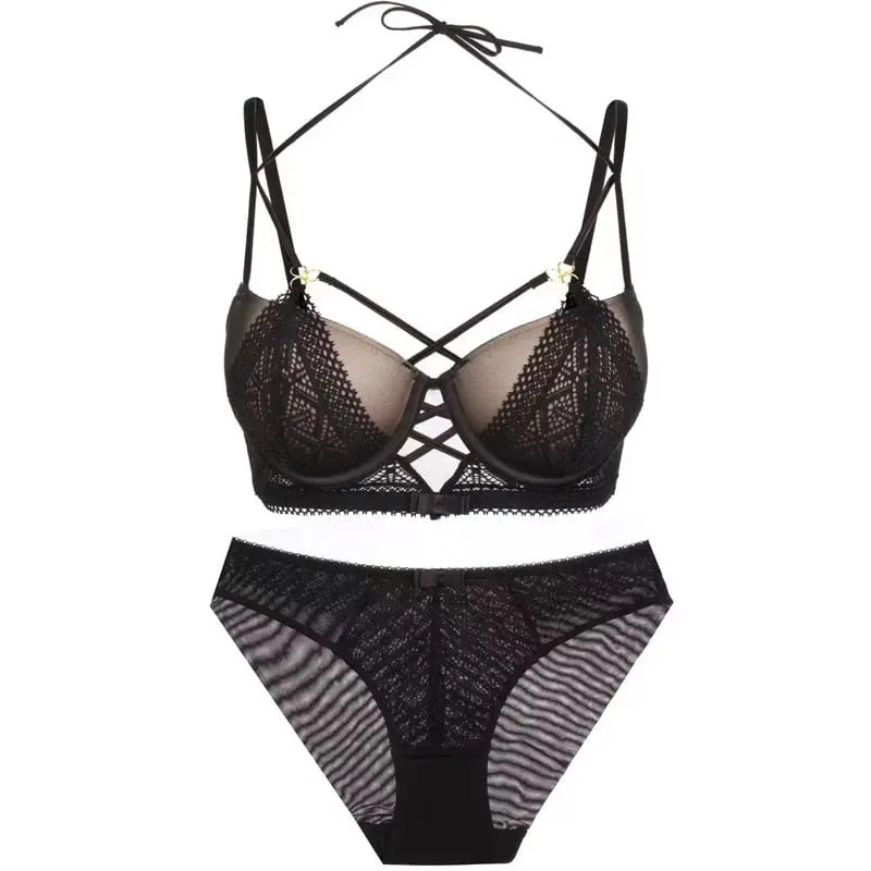 high quality sexy lace women bras and brief two piece set push up B C D cup wire summer lingerie underwear black white