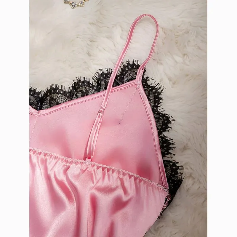 Pink Satin Bra And Panty Sets Silky-Soft Women's Underwear Elegant Loungewear Lace Bras And Pajama Set Spaghetti-Strap Lingerie