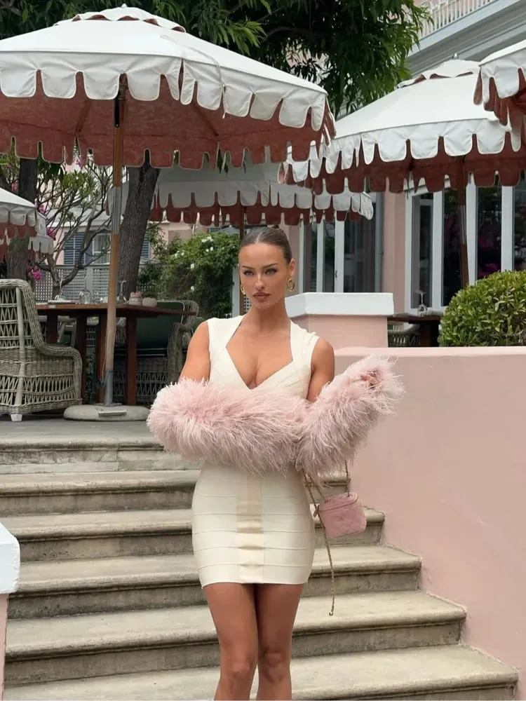 Women Sexy Solid Color Deep V-neck Hip Hugging Dress Summer Sleeveless Waist Cinched Mini Dresses Lady Daily Party Short Gowns
