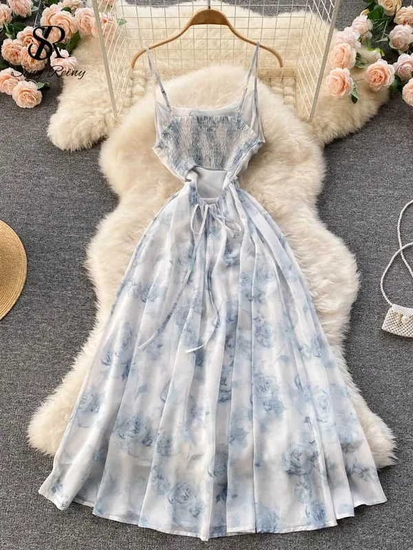 Dámské květinové šaty se špagetovými ramínky elastické, nařasené sexy duté společenské šaty bez zad Letní boho prázdninové plážové letní šaty