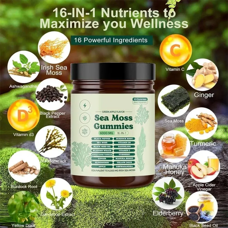 Sea Moss Gummies 16 in 1 6000mg Black SeedOil Ashwagandha Burdockroot - Vegan Sea Moss Gummy for Adults Kids Men Women