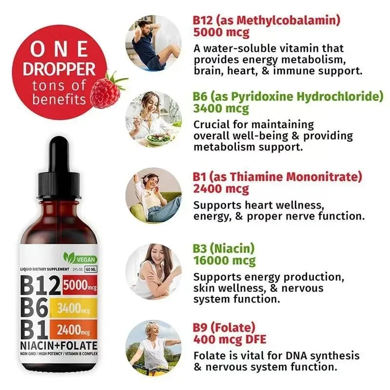 Vitamin B6 Drops Complex B12 B1 Bổ sung chất lỏng folate Hỗ trợ hệ tiêu hóa Giọt chất lỏng Hấp thụ ba lần Chất lỏng