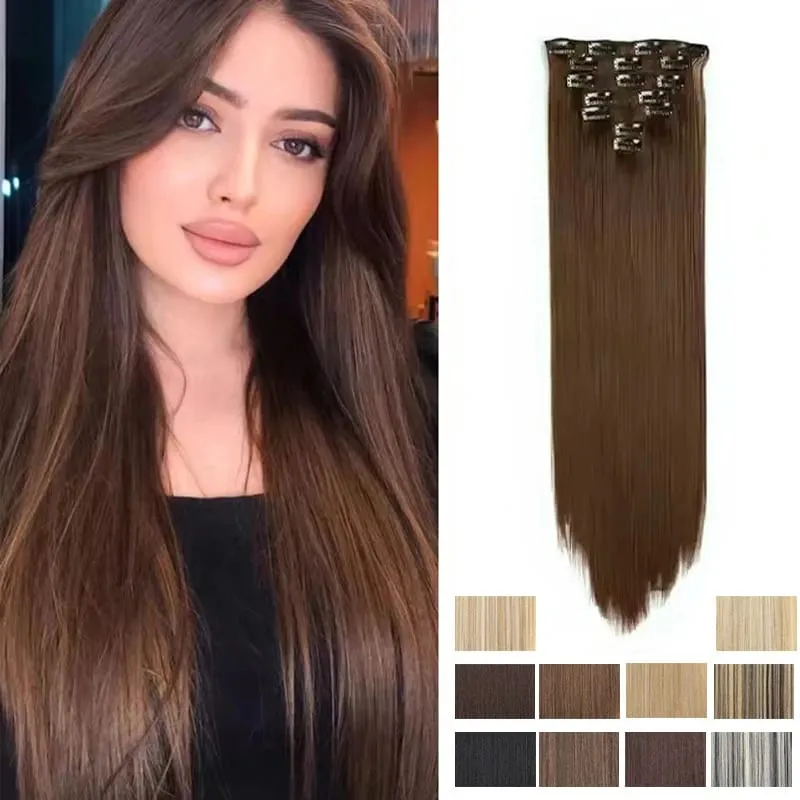 24Inch Synthetic 7Pcs/set Long Straight Hair Extension 16Clips Hairstyle Black Blonde Y2K Kpop Hairpiece for Women Christmas Eve