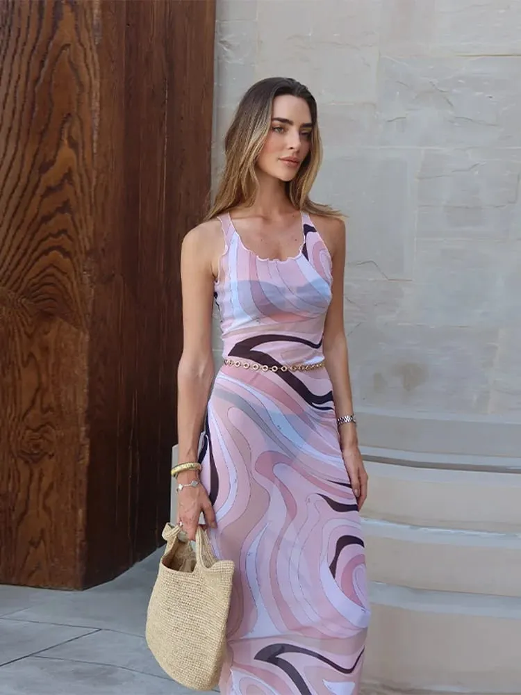 Elegant Print Mesh Long Dress For Women Sexy Deep O-neck Sleeveless Perspective Maxi Dress Lady Summer Chic Beach Robes