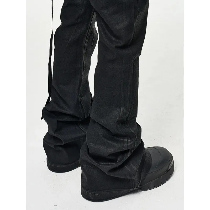 Mens High Street Vinyl Coated Black Jeans Crease Textured Wide Leg Boot Cut Slim Fit Casual Streetwear Pants