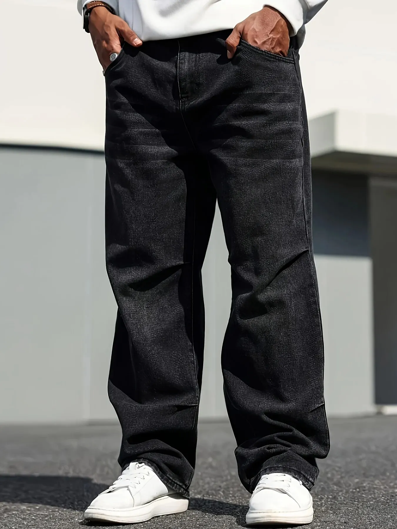 Klassiske jeans med lige ben til mænd - bomuldsblanding mørkeblå denim, ikke-stretch-komfortpasform til hele sæsonen med skrå lommer