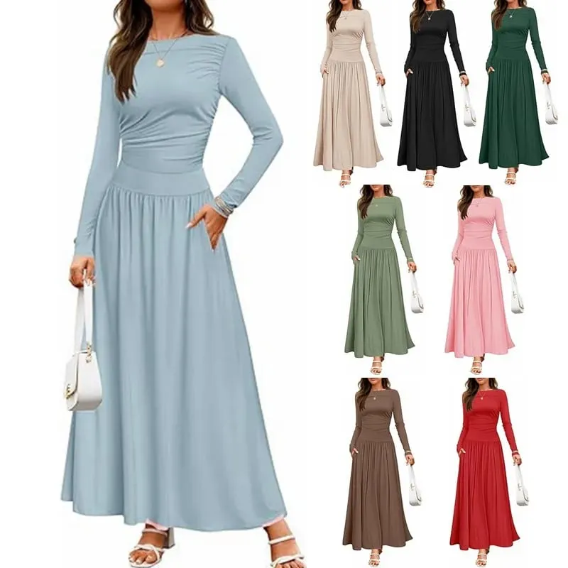 Autumn New Arrivals Women Long Sleeve Maxi Dress Comfortable Fit Ruched Detail Multi Color for Casual Everyday Wear