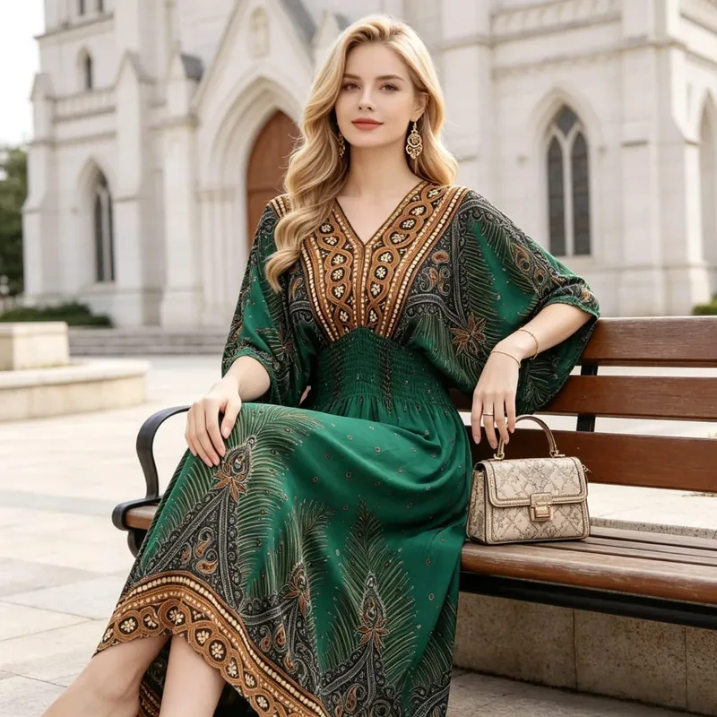 Boho Holiday Women V-Neck Batswing Short Sleeve A-Line Midi Dresses Slim Elastic Waist Casual Vintage Office Lady Elegance Dress