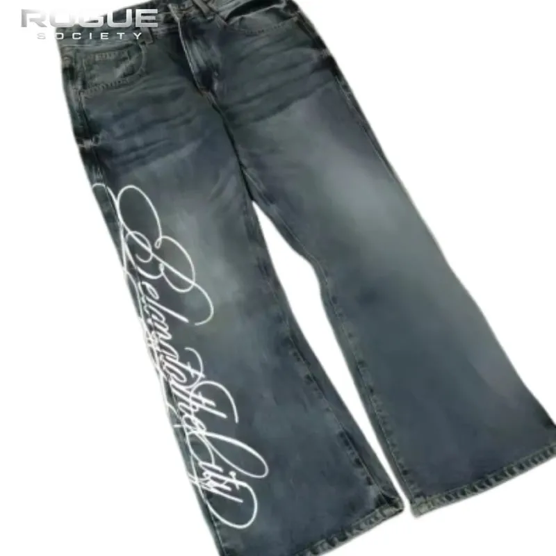 American Retro Y2K Streetwear Men Women Jeans Grunge Washed Faded Script Print High Street Hip Hop New Denim Summer Pants Casual