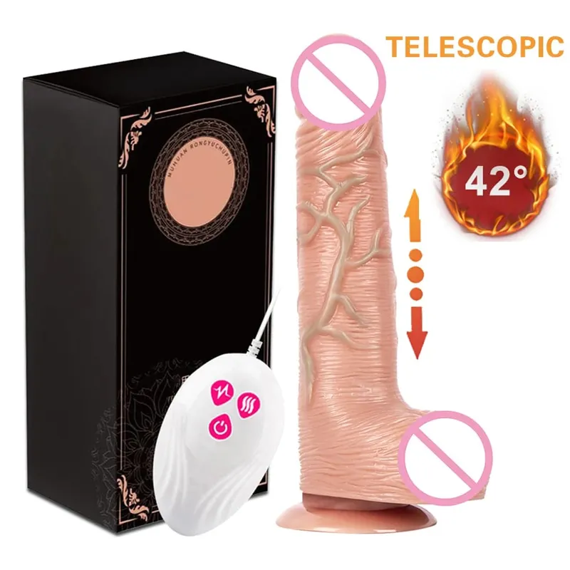 Vibração telescópica empurrando vibrador realista masturbação feminina com ventosa aquecimento pênis controle remoto pau para mulher