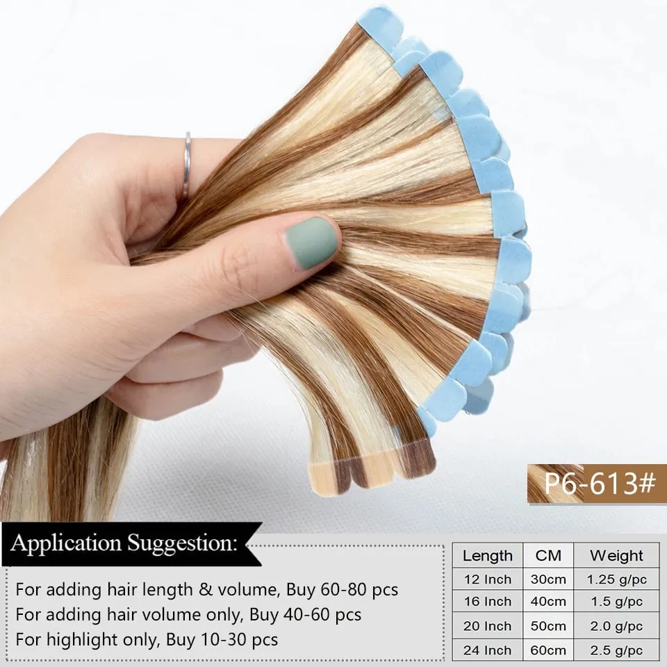 Mini Tape Hair Extensions 12-24 Inch Human Hair Extensions 3x0.8cm Invisible Tape 10pcs per Pack for Side Machine-Remy Hair