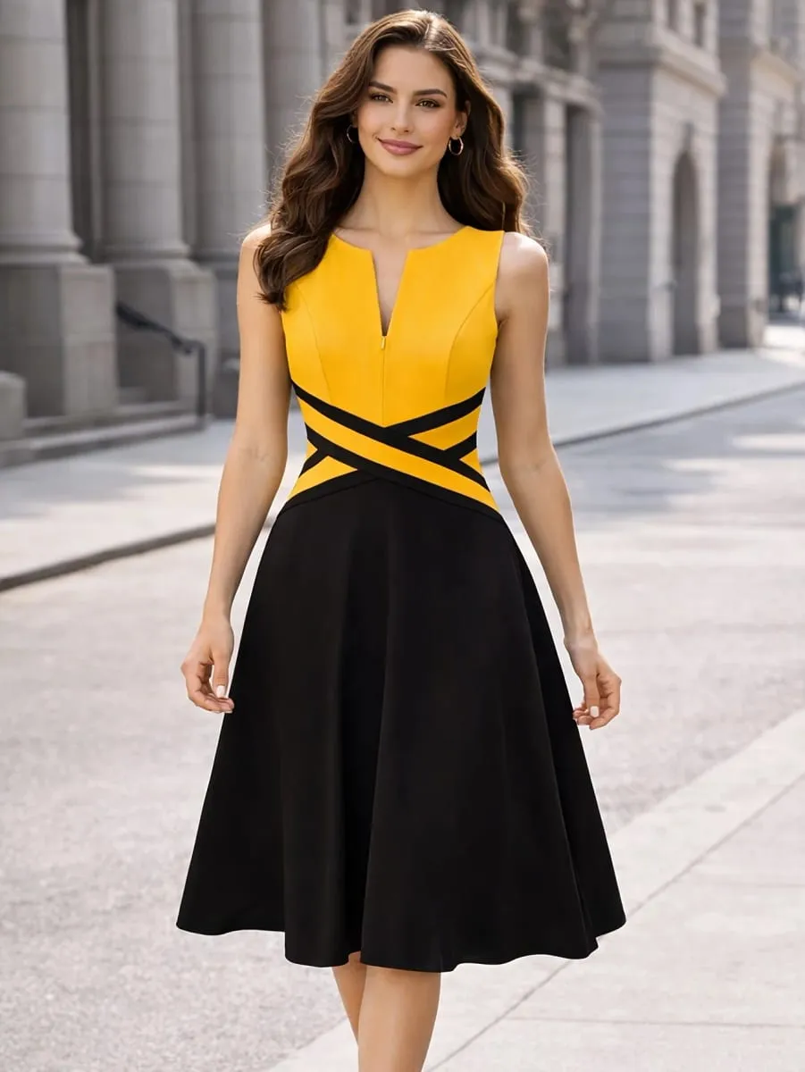Womens Sleeveless Elegant Front Zipper Work Office A-Line Colorblock Business Casual Party Slim Fit And Flare Swing Dress