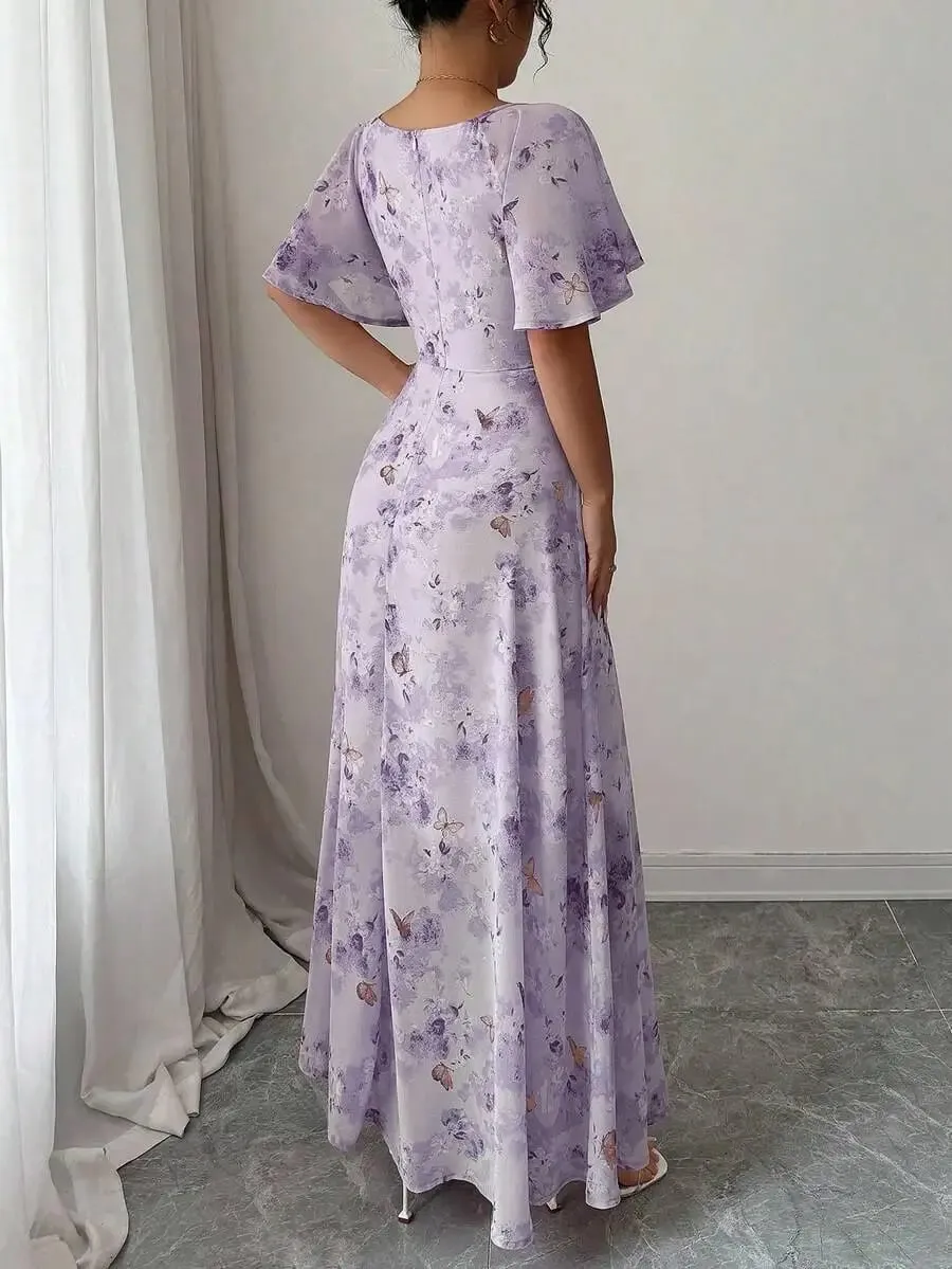 Women's Sweet French Style Mini Dress with Purple Butterfly Print Batwing Sleeves & Back Zipper