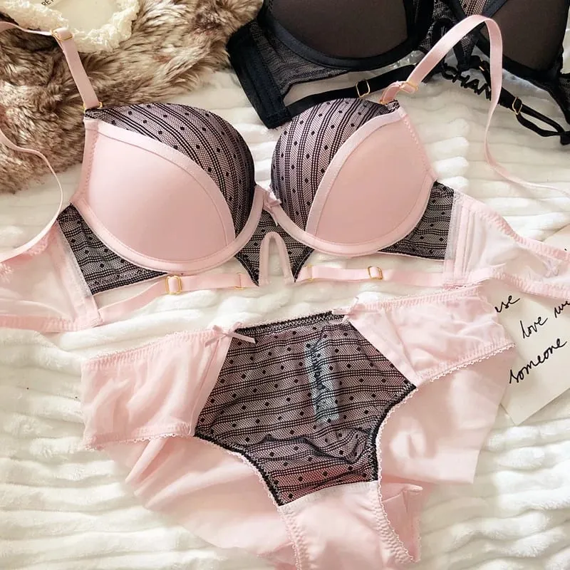 Sexy Hollow Underwear Set for Women 3/4 Cup Push Up Bra Lace Splicing Color Brassiere and Panties Ladies Intimates Lingerie