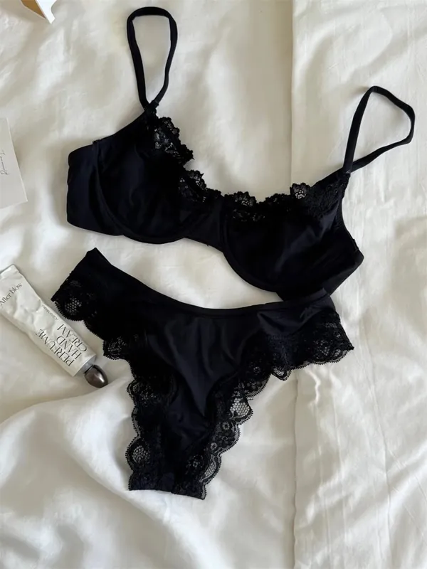 Pink Unlined Full Cup Bra Set Underwire Lace Trim Lift Comfortable Minimalist Seamless Skin-friendly Everyday Bras and Panty