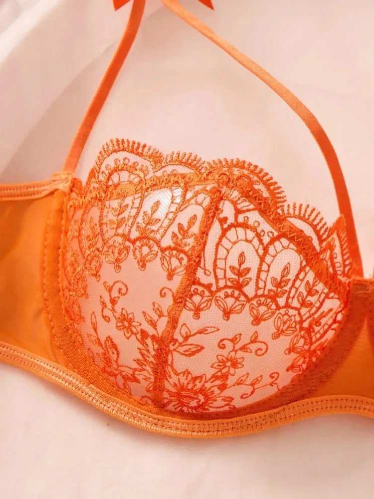 Sexy Orange Lace Lingerie Set Women Push Up Bra and Panty Set Butterfly Bow Underwear Female Intimates Sleepwear