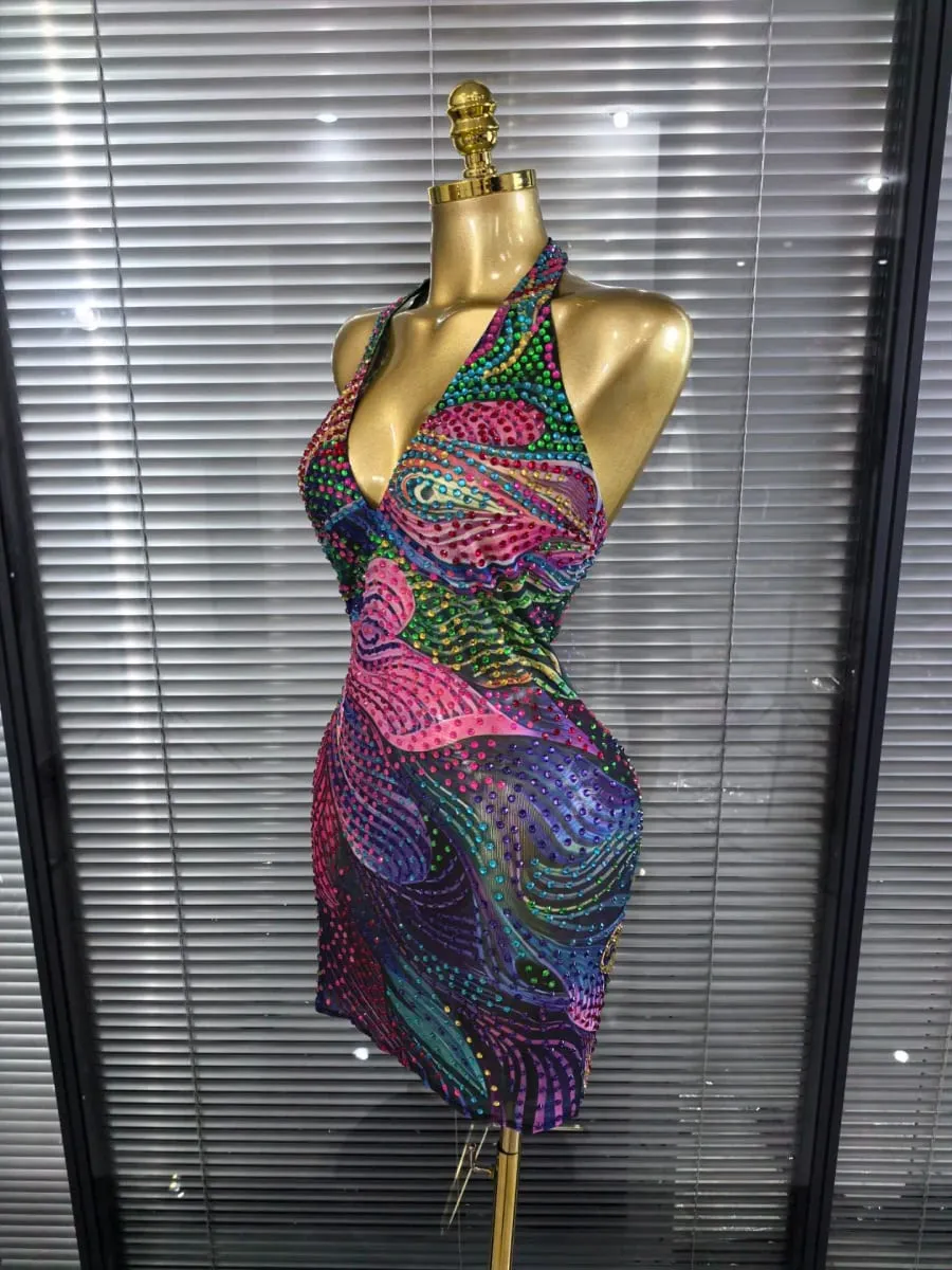 Blue Color Women Sexy Halter Backless Shinning Chain Bodycon Mini Dress Celebrate Nightclub Party Performance Costume Stage Wear