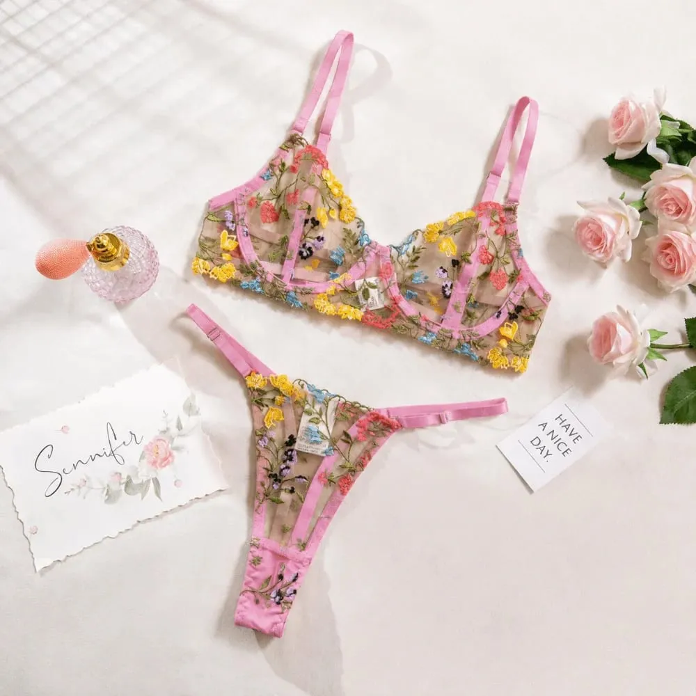 2 ชิ้นโบฮีเมียดอกไม้ชุดชั้นในชุดเย็บปักถักร้อยชุดชั้นใน Intimates อเนกประสงค์ Underwire Push-Up Bra กางเกงชุดสำหรับสาวเลดี้