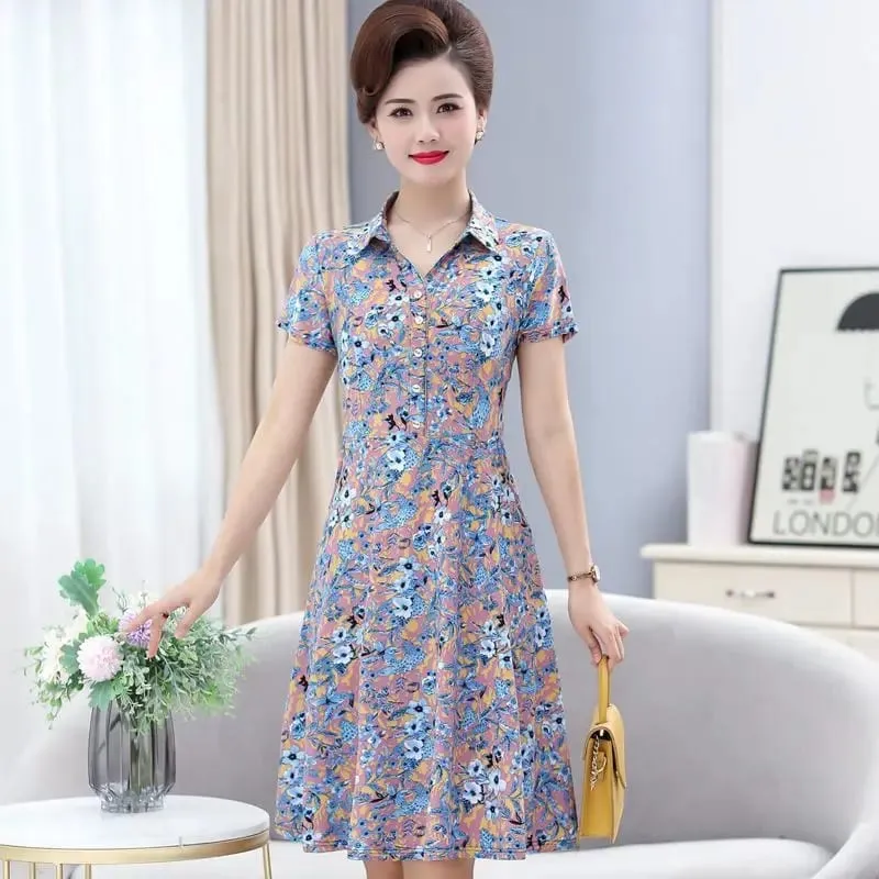 WomenS Floral Print Shirt Dress Short Sleeve Turn Down Collar A Line Midi Dress Casual Summer Dresses For Middle Aged Women