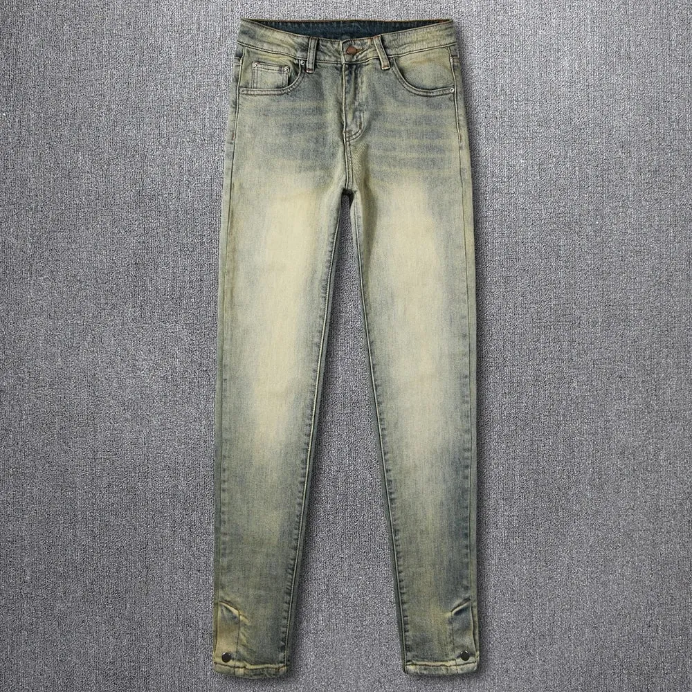 Men's Skinny Jeans Vintage Retro Blue Washed Stretch Denim Pants Streetwear Slim Tapered Trousers High Quality