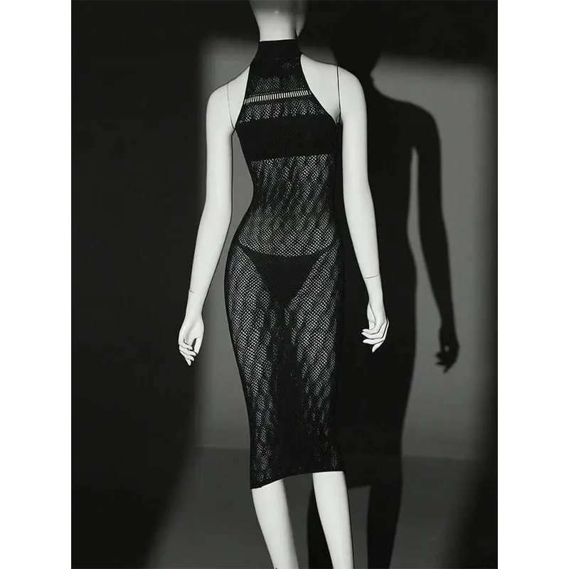 Women Bodycon Dress Without Underwear Hollow Out Beachwear Sheer Mesh Fishnet See Through Music festival Swimsuit