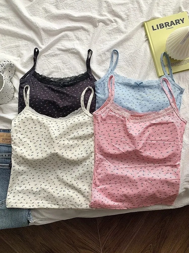 Elegant Lace Flower Print Slim Sexy Vest Floral Tops One Size Tank Spring Sweet Bowknot Style T-Shirt Casual Crop Top Summer