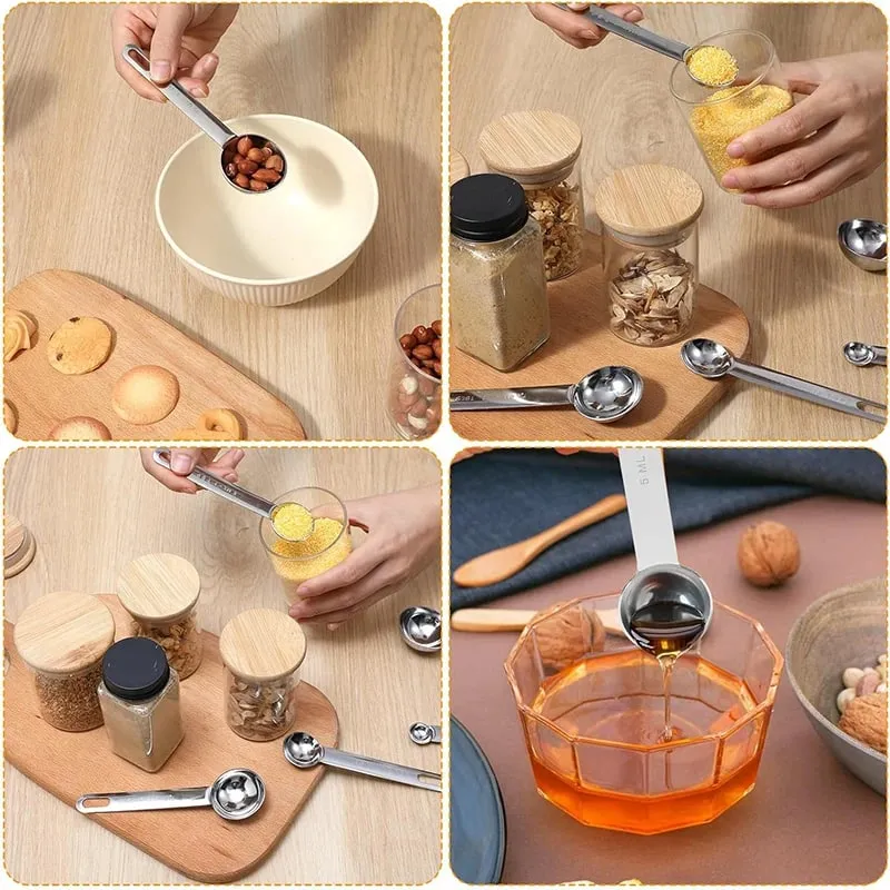 6 Pcs Stainless Steel Measuring Spoons 1/8 1/4 1/2 1 TSP 1/2 Tbsp 1 Tbsp Tablespoon with Metric and UK Measurements Table Spoon