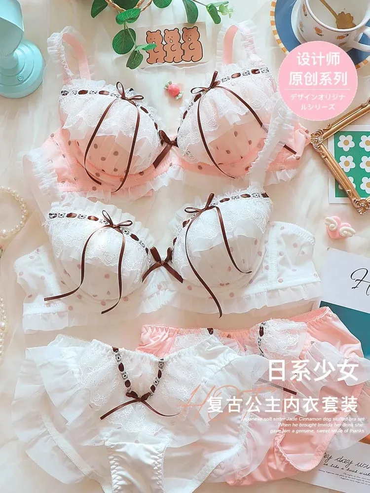 Kawaii Japanese Style Bra Set Underwired Lace Design Sweet & Sensual Look Light Push Up Support for Girls A/W Season Lingerie