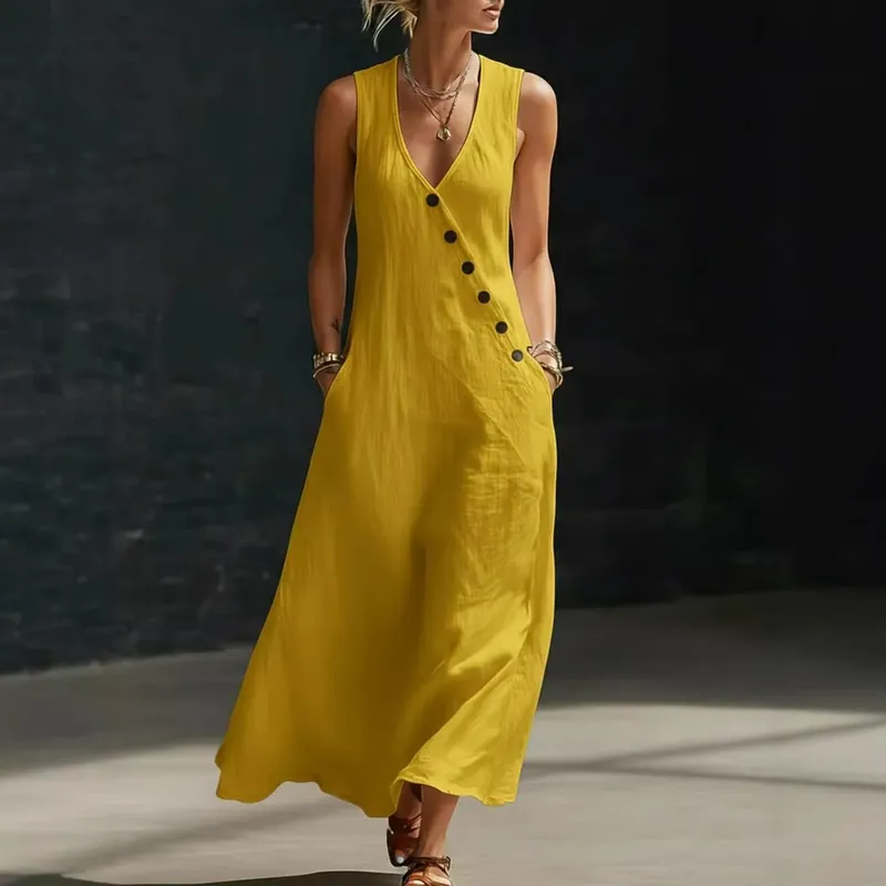 2026 Casual Sleeveless Loose Maxi Dress Women Summer Fashion Solid Color V-neck Holliday Elegant Long Dresses
