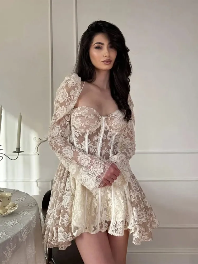 Sexy Lace Lace-up Fishbone Mini Dress Women's Backless Full Sleeve See Through A-line Vestido 2026 Lady Evening Party Gowns