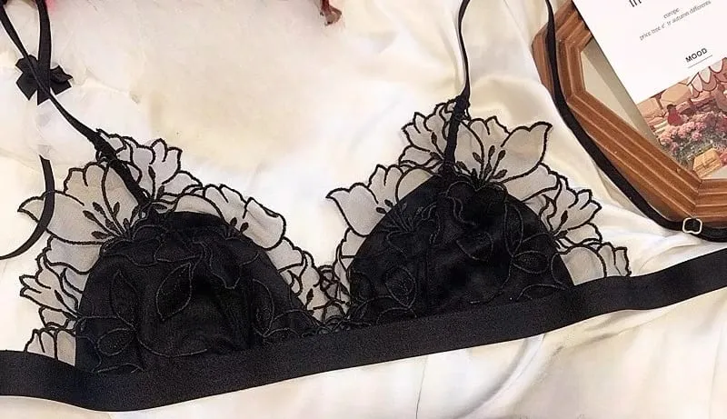 ​ Elegant French Lace Bralette Wireless Triangle Cup No Underwire Thin Straps Small Bust Women Comfort Lingerie Set BANERDANNI