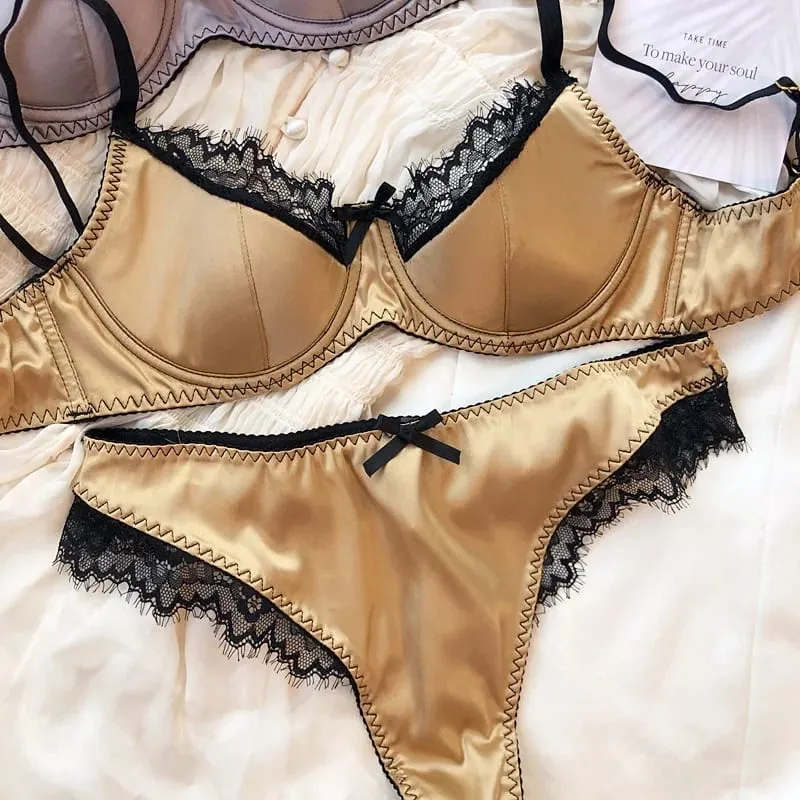 Sexet blonde tynde kop lingeri til kvinder fransk push up bh-sæt højkvalitets silkestof Komfort åndbart undertøj Intimates sæt
