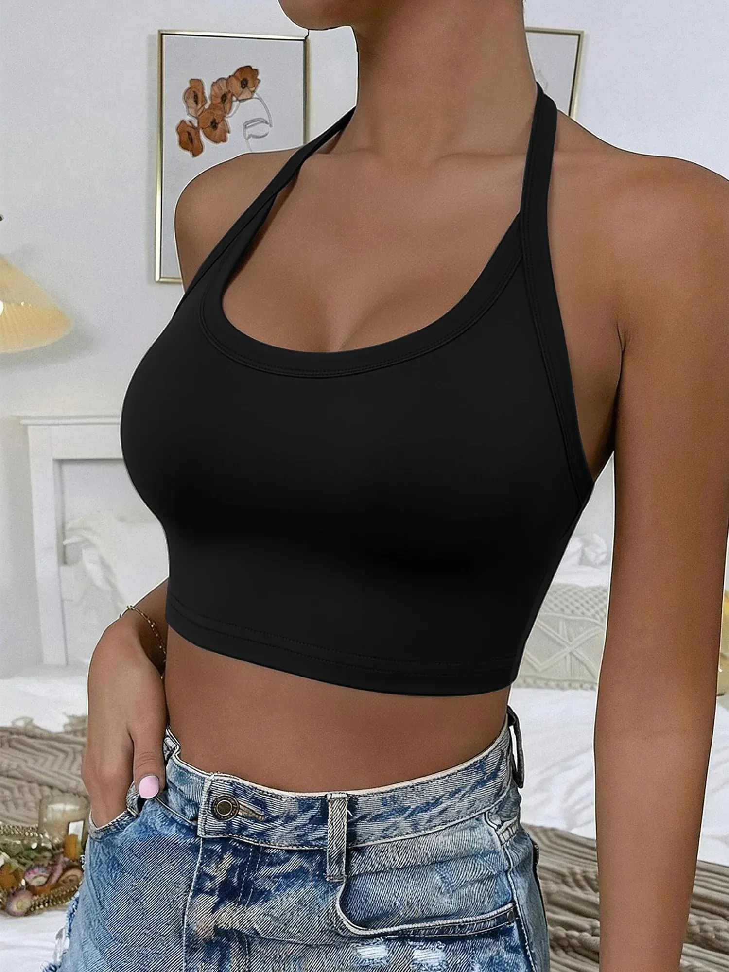Silhouette Sculpt Halter Neck Crop Cami Rear Cutaway U Front Sling for Concert Events & Night Urban Street Shots