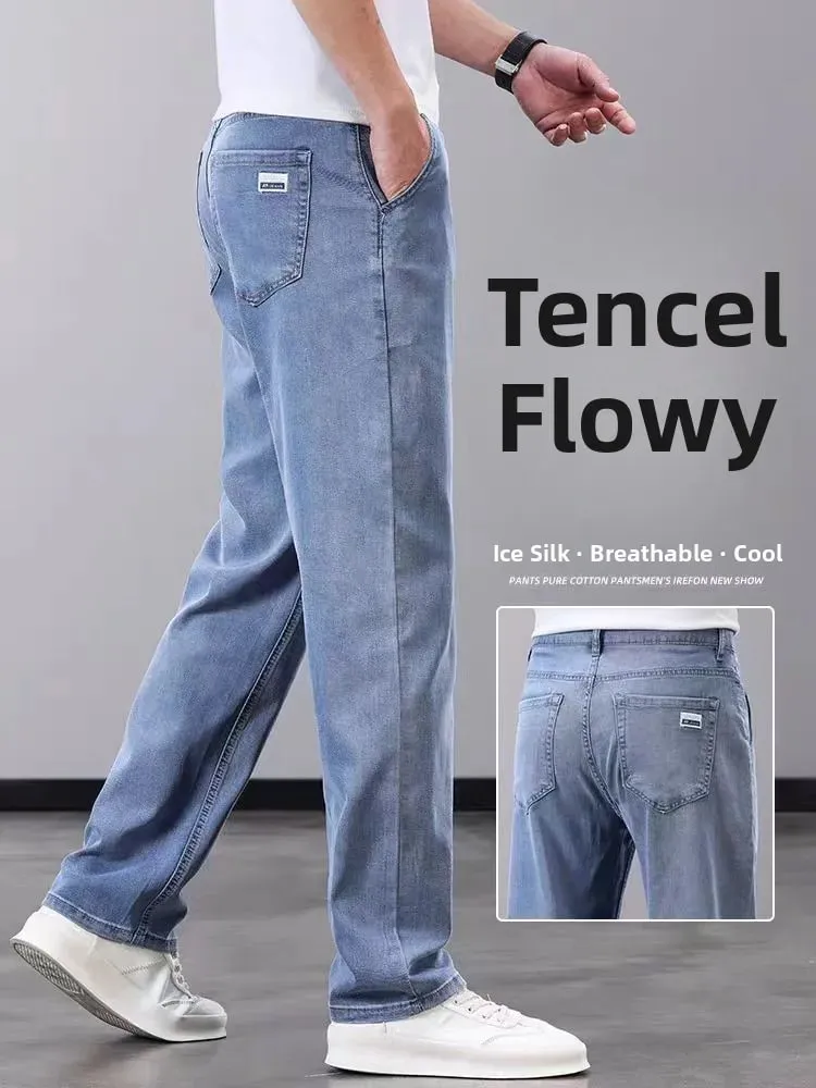 Summer Thin Wide Leg Pants Loose Fit Casual Ice Silk Jeans Men's Breathable Straight Cut Long Trousers Business Gentleman Style