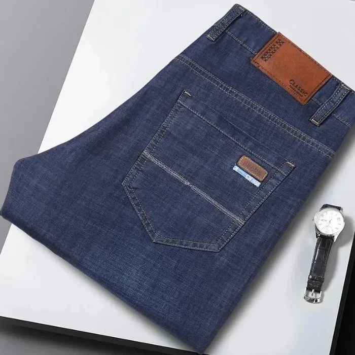 2026 clássico masculino calças de brim retas homme pantalon streetwear macio preto azul masculino denim mans calças