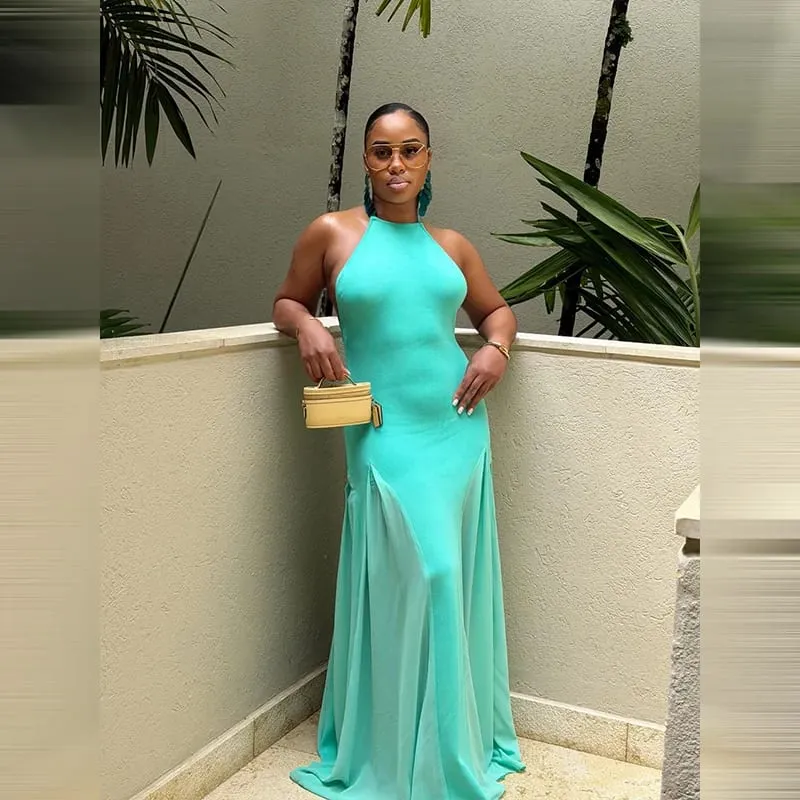 Women's Halter Neck Open Back Maxi Dress Ribbed Knit Top Flowy Chiffon Hem Bodycon Female Summer Evening Vacation Party Dress