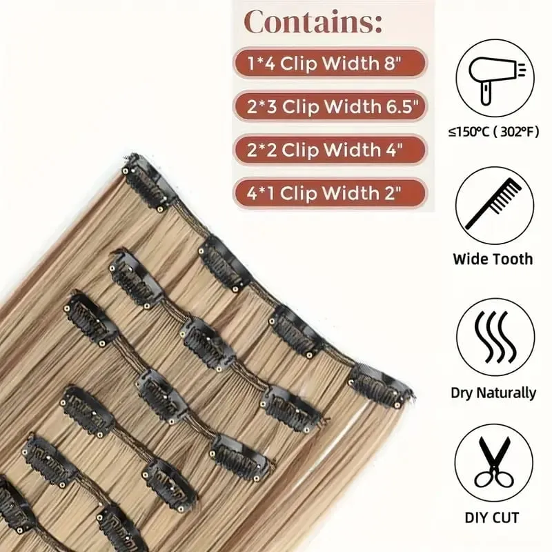 24Inch Synthetic 16 Clips in Hair Extensions Long Straight Hairstyle Blonde Black Hairpieces Heat Resistant False Hair